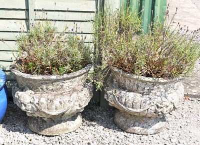 Lot 18 - Pair of reconstituted weathered garden planters or jardinieres, planted with lavender