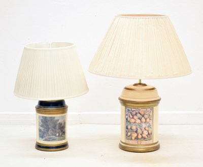 Lot 321 - Two late 20th century ceramic and decoupage cylindrical table lamps