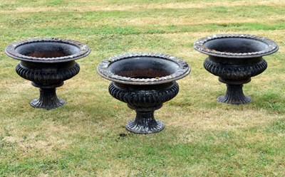 Lot 522 - Three late 19th / early 20th century black painted cast iron garden urns