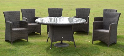 Lot 6 - Set of six 'Bellagio' wicker effect all-weather garden chairs, table and parasol stand