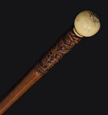 Lot 223 - Early 20th century walking cane with ivory knop having carved Scottish masonic square and compass