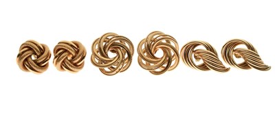 Lot 43 - Three pairs of 9ct gold knot stud earrings