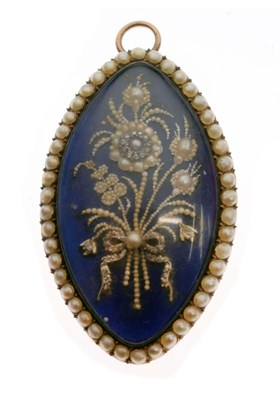 Lot 42 - Georgian navette shaped seed pearl, blue enamel and painted pendant