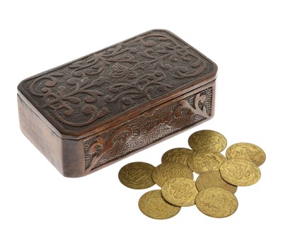 Lot 313 - Unusual 19th century carved wooden box and gaming tokens