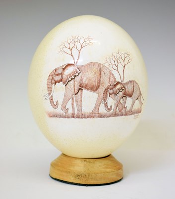 Lot 59 - African ostrich egg painted with elephants