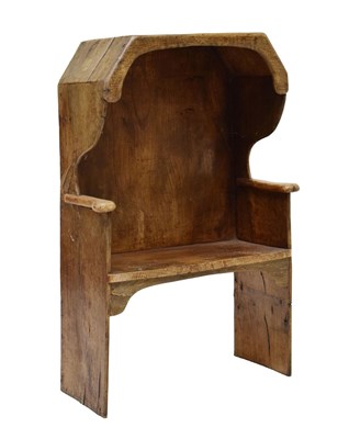 Lot 468 - Child's primitive elm, oak and sycamore canopy-back settle