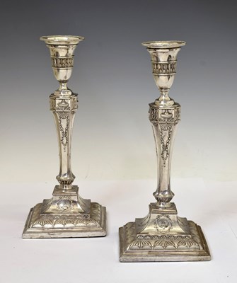 Lot 229 - Pair of Irish silver plate on copper candlesticks - Marquis of Londonderry crest