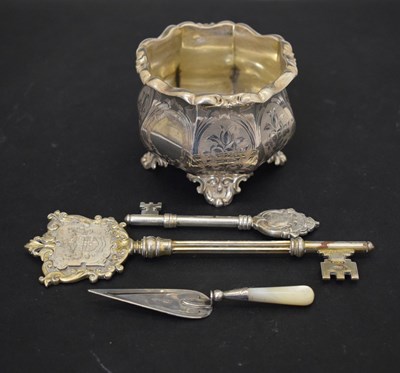 Lot 224 - Two silver ceremonial keys, a Victorian  footed bow, etc