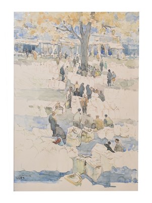 Lot 551 - Hikmet Duruer (Turkish, 1926-2004), Watercolour study of figures in a park