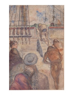 Lot 586 - 19th century English School - Watercolour - Figures boarding a rigged ship