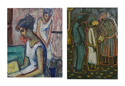 Lot 585 - 20th century gouache - Figures in an interior - plus oil pastel (2)