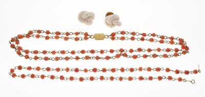 Lot 170 - Two coral beaded necklaces, and pair of white coral ear clips