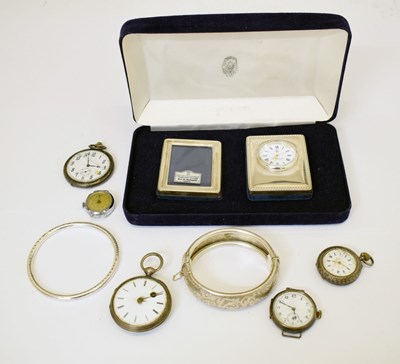 Lot 195 - Two silver open-face pocket watches, two wristwatch heads, etc