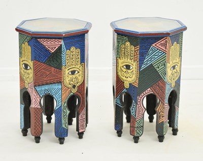 Lot 572 - Pair of Moroccan painted octagonal side tables or lamp stands