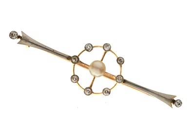 Lot 35 - Edwardian pearl and diamond yellow and white metal set bar brooch