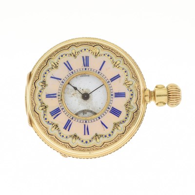 Lot 190 - Lady's Swiss yellow metal (18K), enamel and diamond-set half hunter fob watch