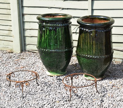 Lot 12 - Pair of terracotta garden pots, dark green glaze