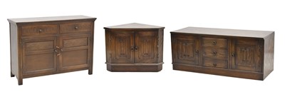 Lot 566 - Jaycee - Oak 'linenfold' cabinet and corner cupboard plus similar side cabinet (3)