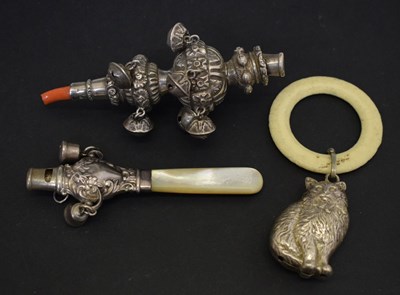 Lot 205 - Victorian coral-mounted silver teething rattle plus two others