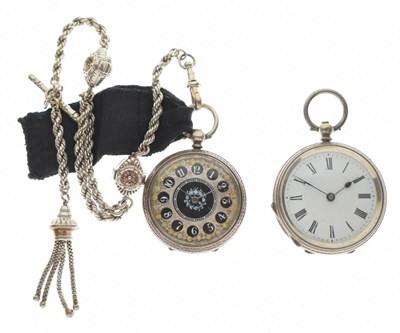 Lot 194 - Two Continental white metal-cased open-face fob watches