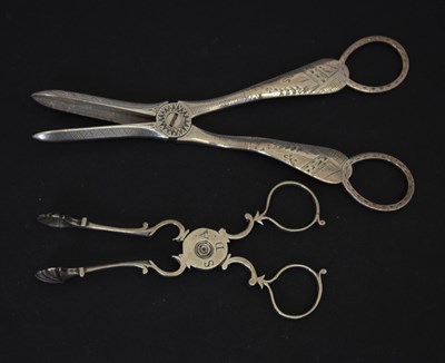 Lot 202 - Pair of Victorian silver grape scissors and pair of tea tongs