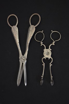 Lot 202 - Pair of Victorian silver grape scissors and pair of tea tongs