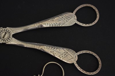 Lot 202 - Pair of Victorian silver grape scissors and pair of tea tongs