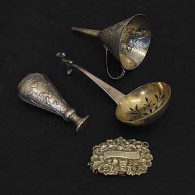 Lot 210 - William IV silver sherry label, ladle, funnel and seal