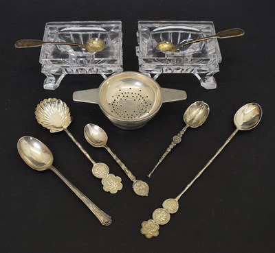 Lot 218 - Elizabeth II silver tea strainer, etc