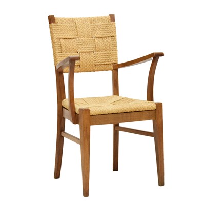 Lot 445 - Manner of Adrien Audoux and Frida Minet, oak and sisal weave elbow chair