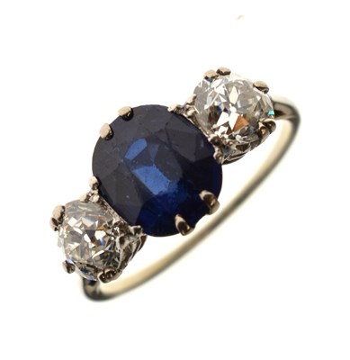 Lot 13 - Sapphire and diamond white metal three-stone ring