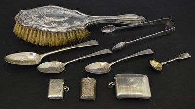 Lot 221 - Quantity of silver items to include, a pair of George IV silver sugar tongs, etc