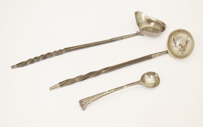 Lot 233 - Two 19th Century silver toddy ladles with twisted baleen handles, and a silver salt spoon