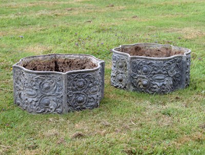 Lot 523 - Pair of 20th century lead cartouche-shaped planters