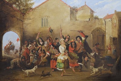 Lot 354 - 19th century Continental school - Oil on canvas - Revellers outside a tavern