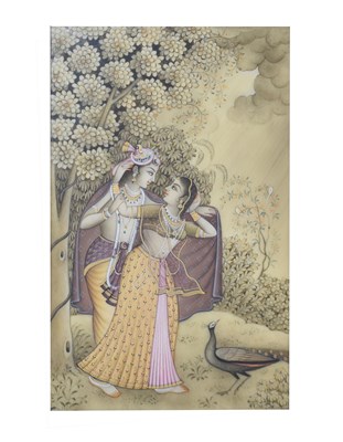 Lot 618 - Mughal School circa 1900 - Miniature on ivory - Study of two ladies in garden