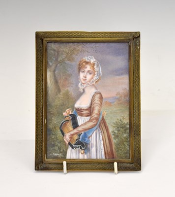 Lot 403 - R. Aubry - 19th century portrait miniature on ivory of a female musician