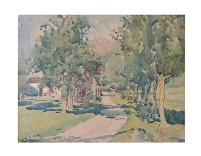 Lot 594 - Murray Urquhart (1880-1972) - Watercolour - Avenue of trees with cottage