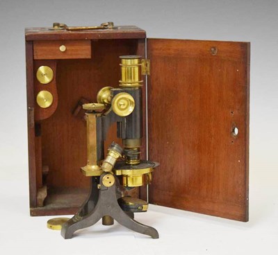 Lot 358 - Early 20th century mahogany cased microscope, by A. Hawes