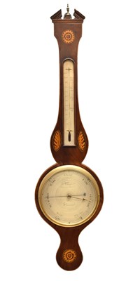 Lot 409 - Early 19th century inlaid mahogany wheel barometer, C.Volonte, Crown Inn, Devizes