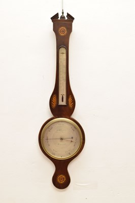 Lot 409 - Early 19th century inlaid mahogany wheel barometer, C.Volonte, Crown Inn, Devizes