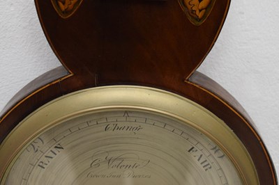 Lot 409 - Early 19th century inlaid mahogany wheel barometer, C.Volonte, Crown Inn, Devizes