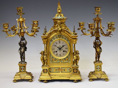 Lot 416 - Mid 19th century French gilt brass, ormolu and champlevé enamel three-piece mantel clock garniture