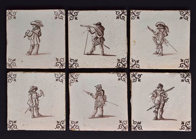 Lot 501 - Six 18th century style manganese-decorated delftware tiles