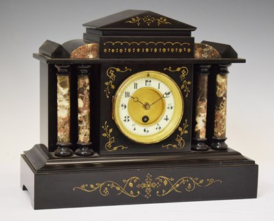 Lot 649 - Late 19th century French architectural style black slate mantel clock