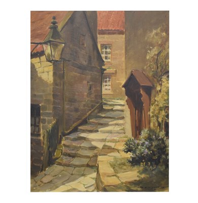 Lot 607 - Max Hofler (1892-1963) – Oil on board – Steps at Robin Hood’s Bay