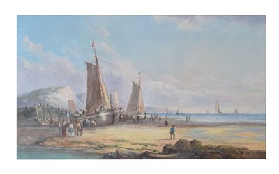 Lot 612 - J. Wilson (20th century) – Watercolour – Coastal scene with beached sailing boats