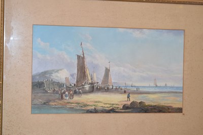 Lot 612 - J. Wilson (20th century) – Watercolour – Coastal scene with beached sailing boats