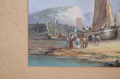 Lot 612 - J. Wilson (20th century) – Watercolour – Coastal scene with beached sailing boats