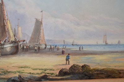 Lot 612 - J. Wilson (20th century) – Watercolour – Coastal scene with beached sailing boats
